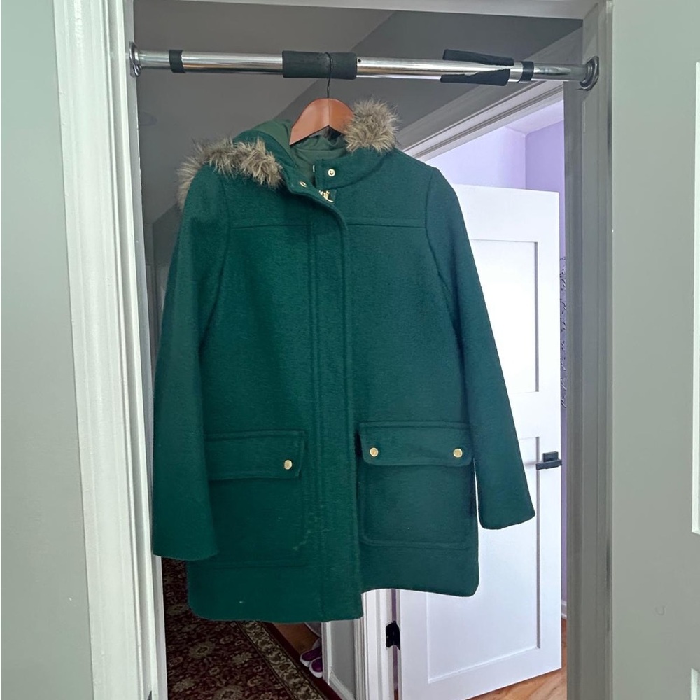 Women's Green jcrew factory  Hooded Coat with Faux Fur Trim xs